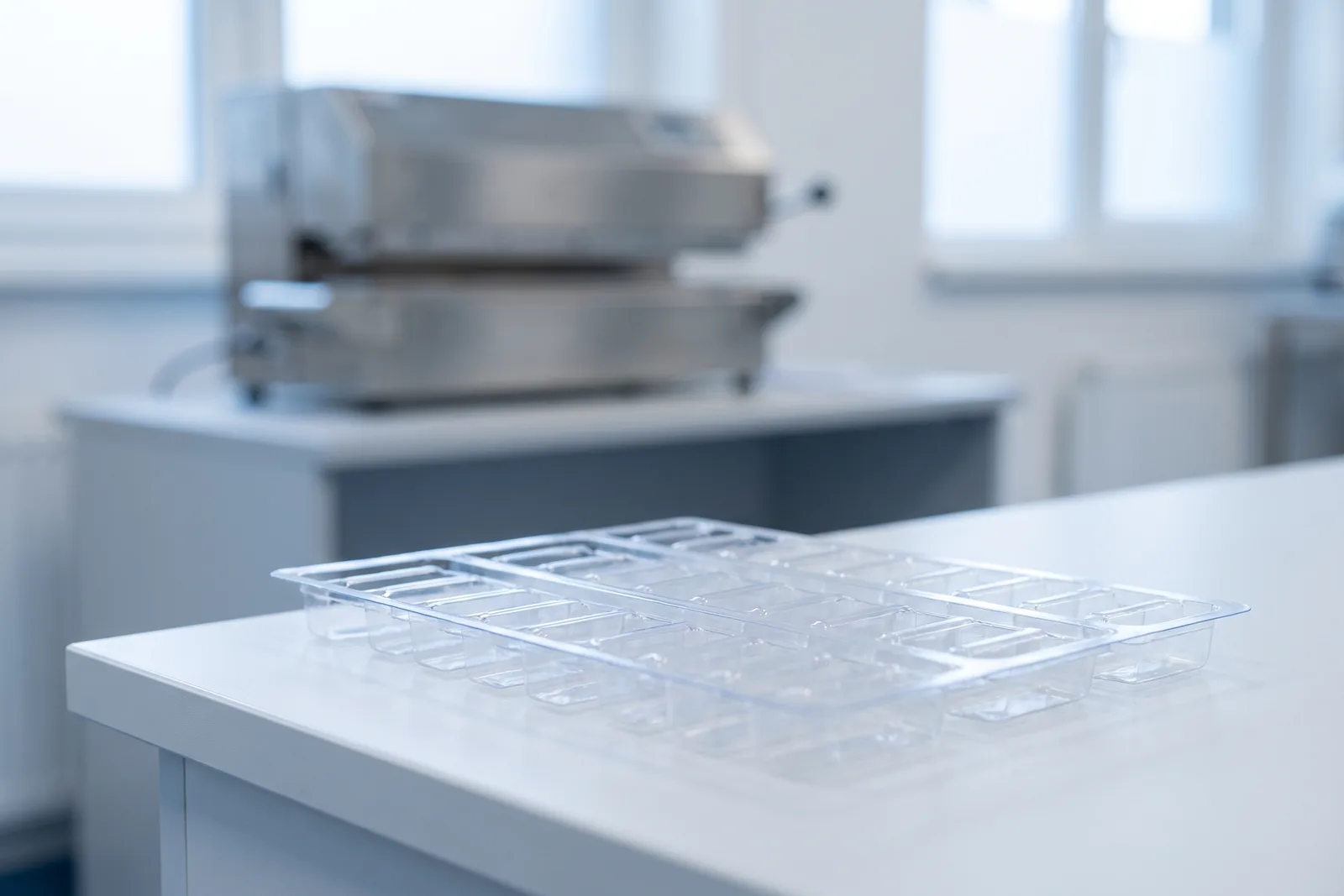 An empty blister pack tray on a bench, a sealing press out of focus behind it