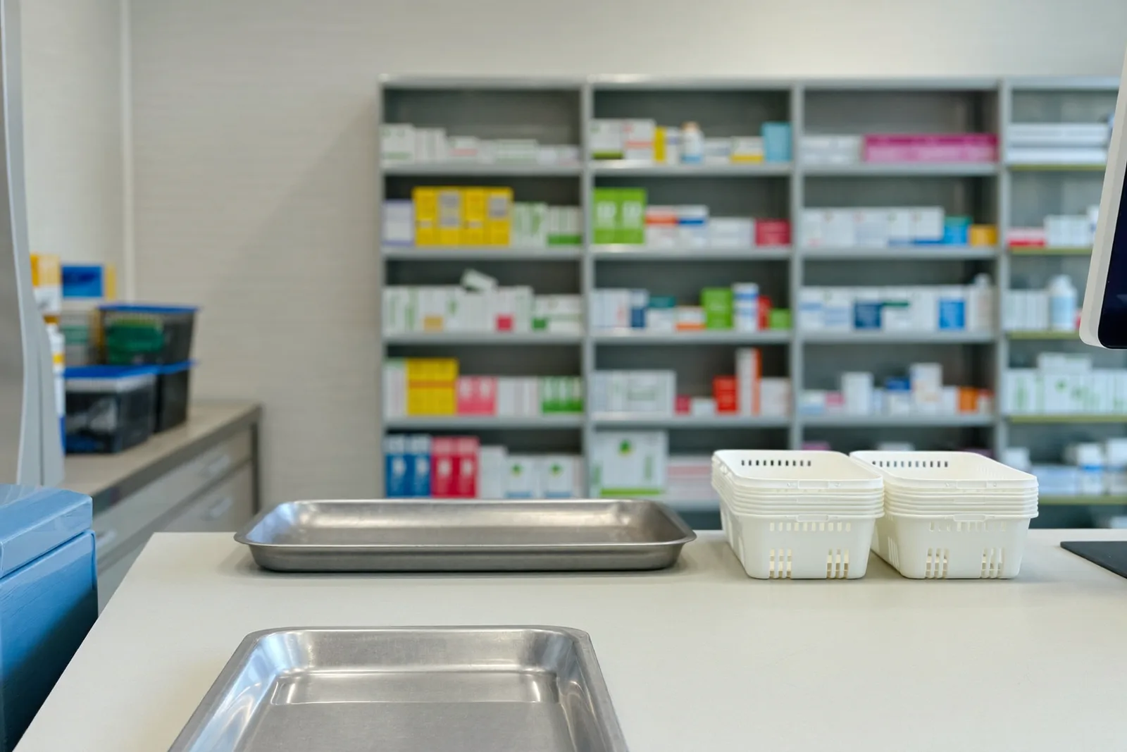 A pharmacy dispensing bench with shelves of stock behind it