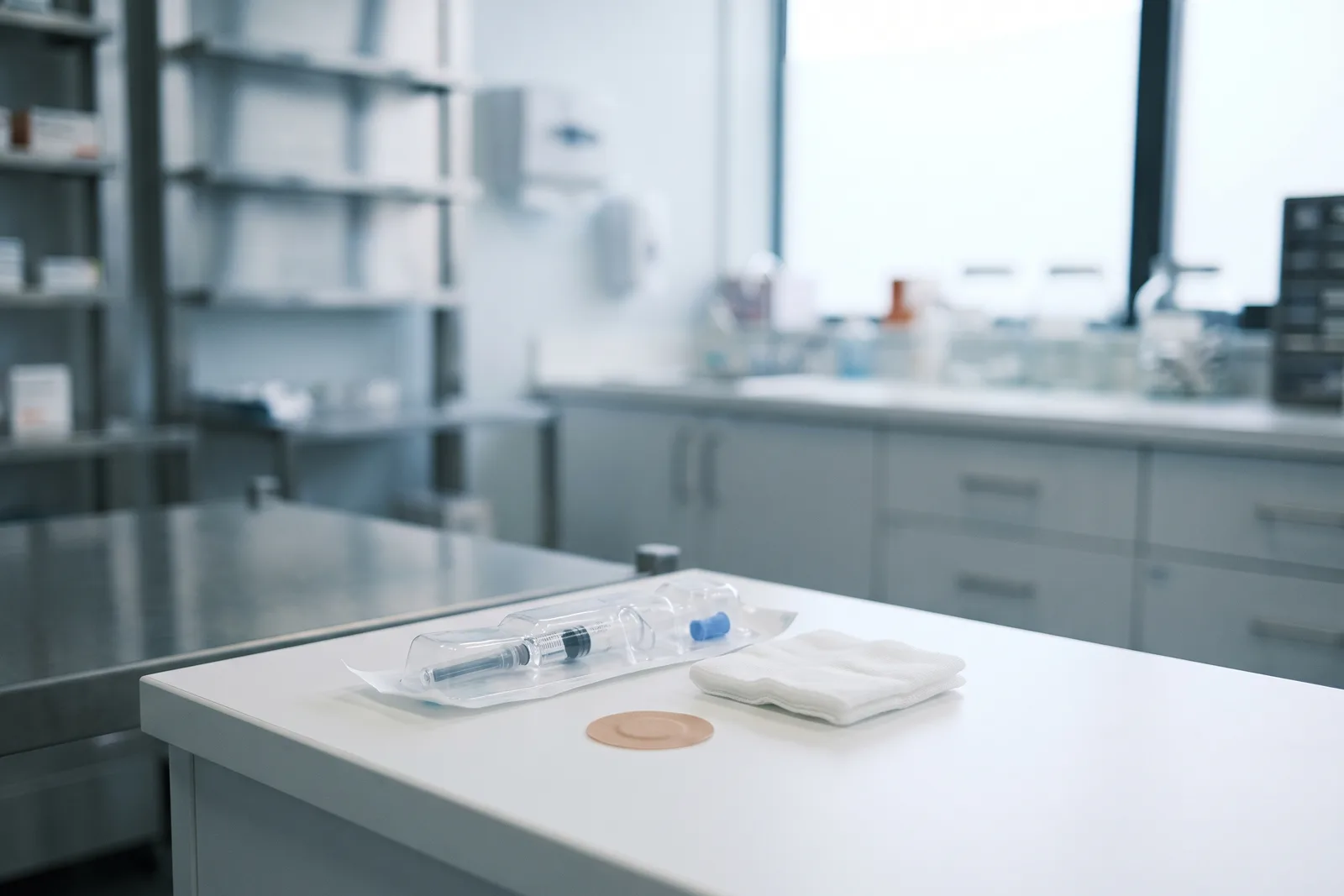 A sealed prefilled syringe, a round adhesive bandage and folded gauze on a counter
