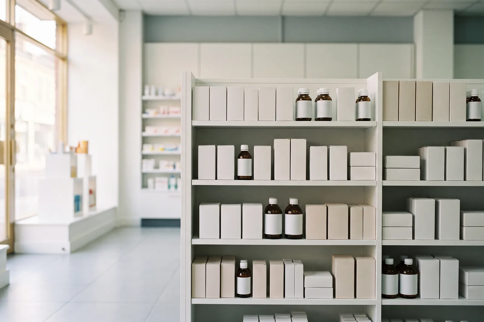 Shelves of over-the-counter boxes and bottles on a bright pharmacy shop floor