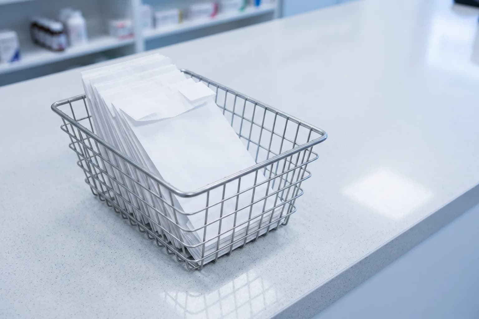 A wire basket of white prescription bags on a pharmacy counter