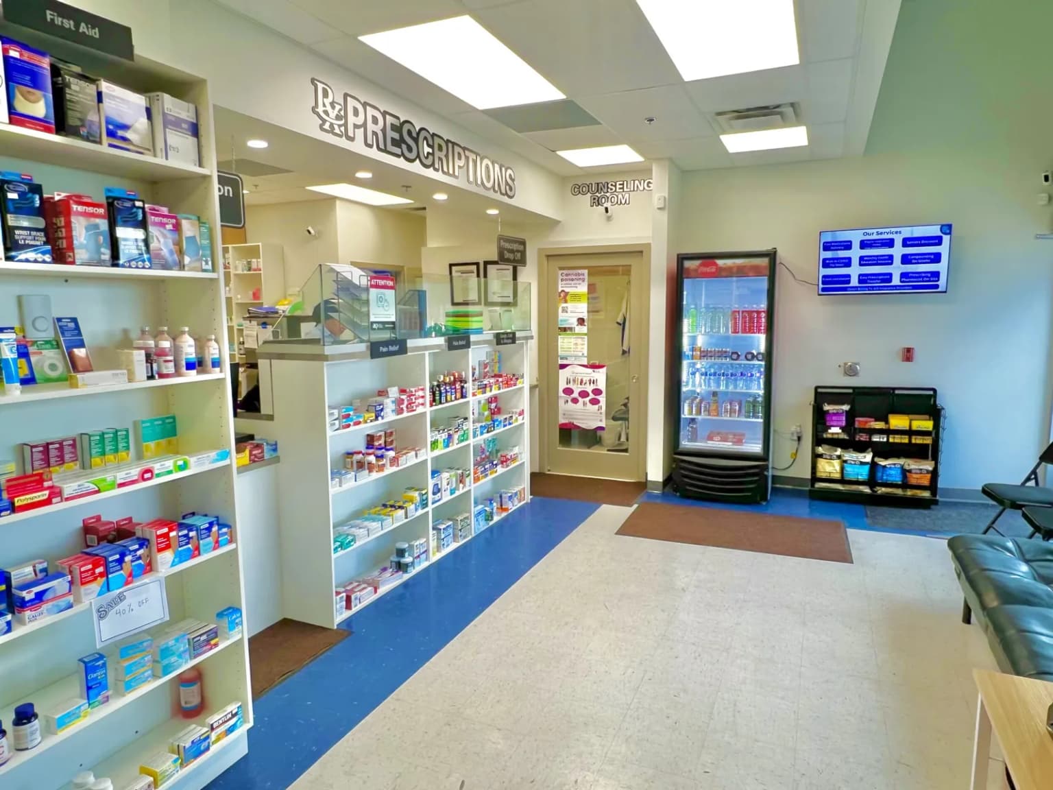 Inside Revive Rx Pharmacy in Royal Vista NW: the prescriptions counter, counselling room and shelves