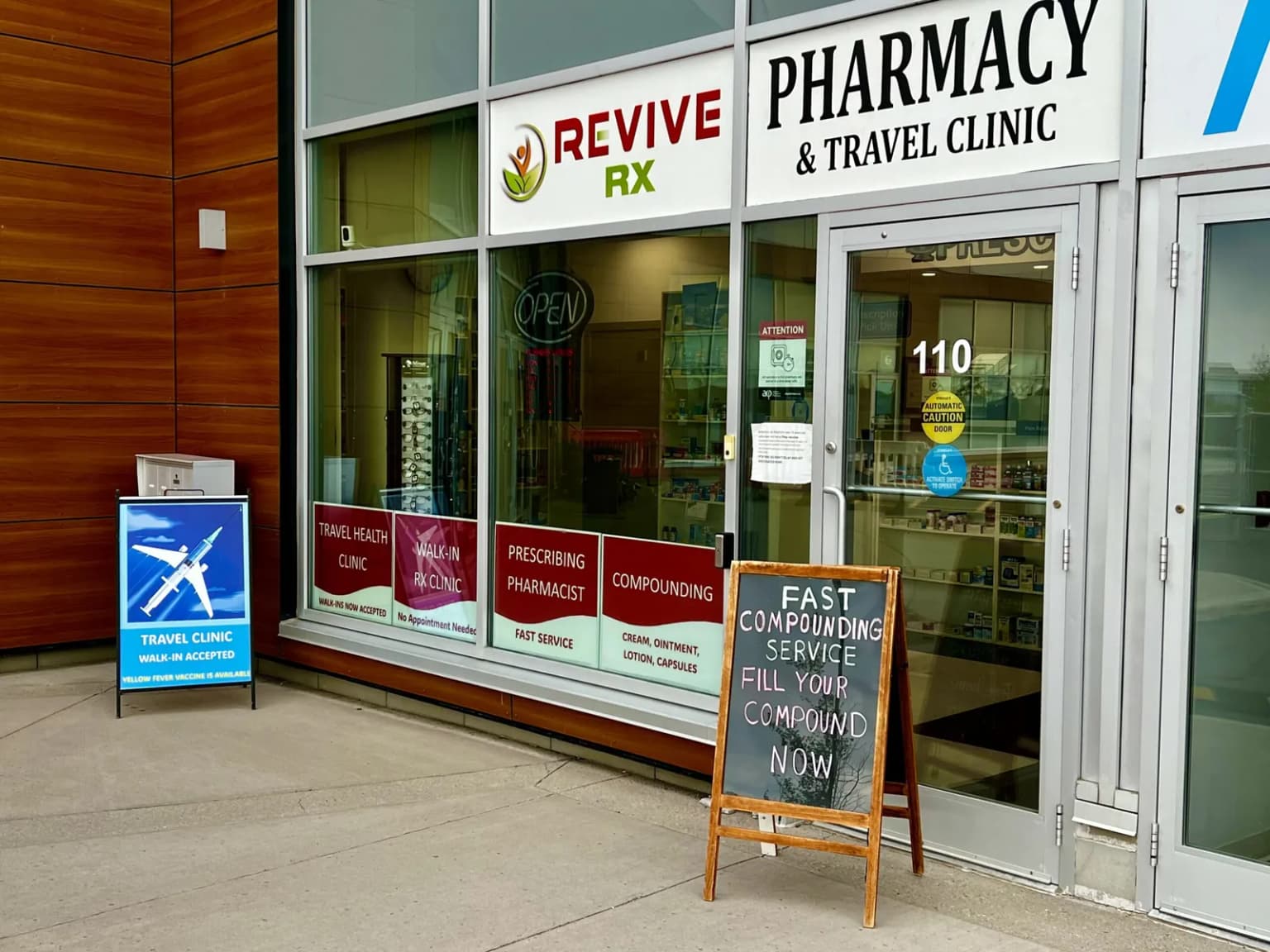 Revive Rx Pharmacy & Travel Clinic storefront at 110-9 Royal Vista Dr NW, Calgary
