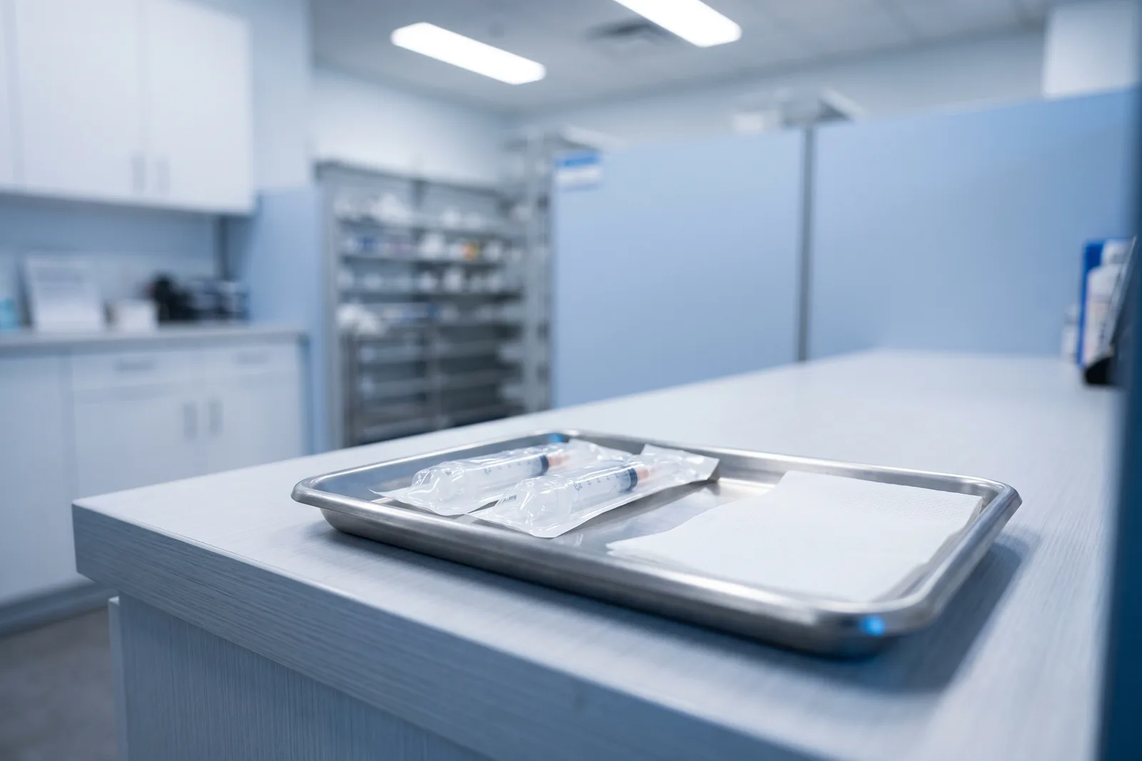 Two sealed syringes resting on a steel tray on a clinic counter