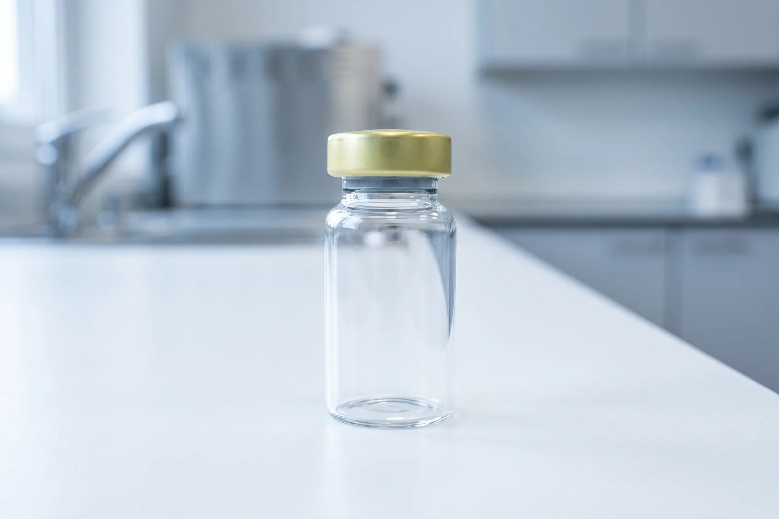 A single sealed glass vaccine vial with a gold cap on a white counter