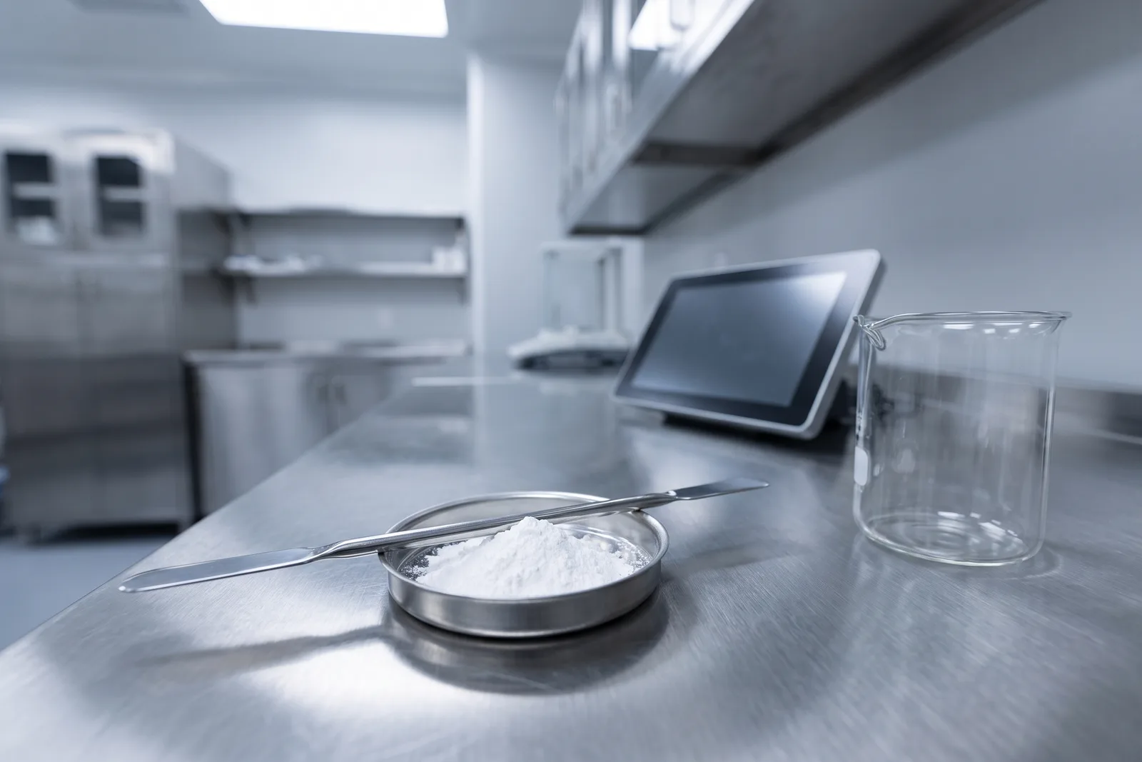 A compounding bench: powder in a weighing dish beside a spatula and a glass beaker