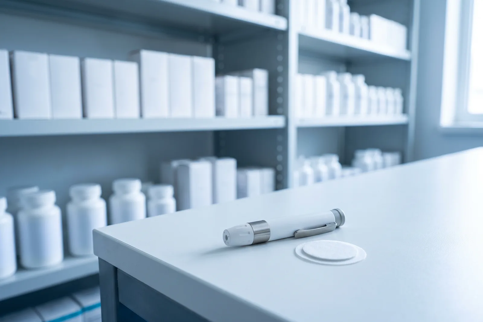 A lancing pen and a round glucose sensor on a pharmacy counter