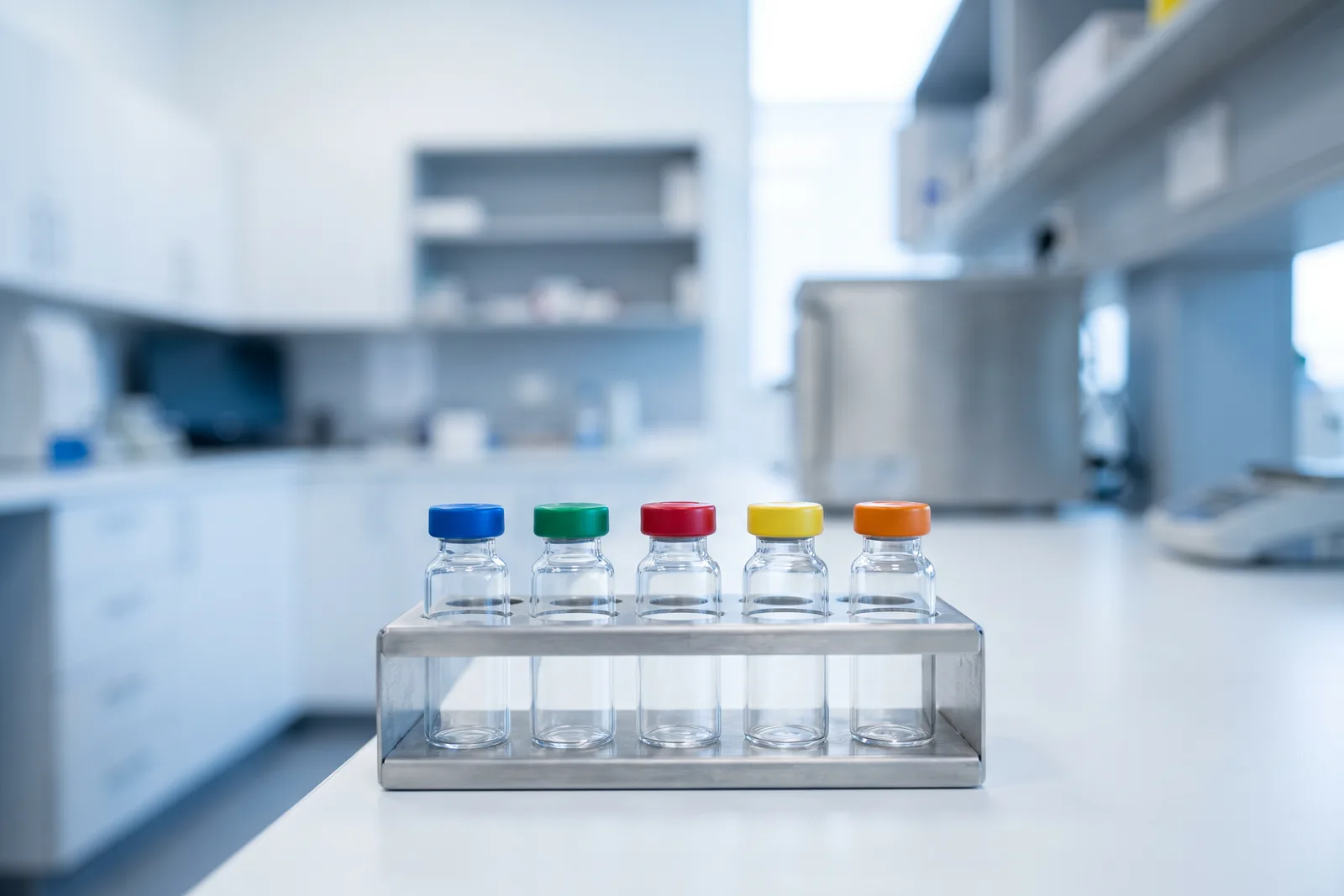 Five sealed glass vials with coloured caps standing in a steel rack